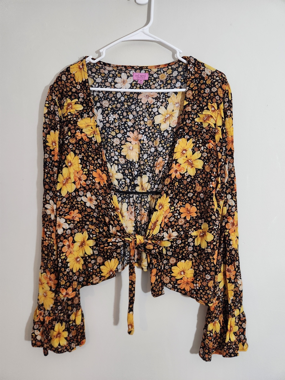 mi ami for Francesca's Floral Tie-Front Blouse Bell Sleeves Ruffles Hippie Boho